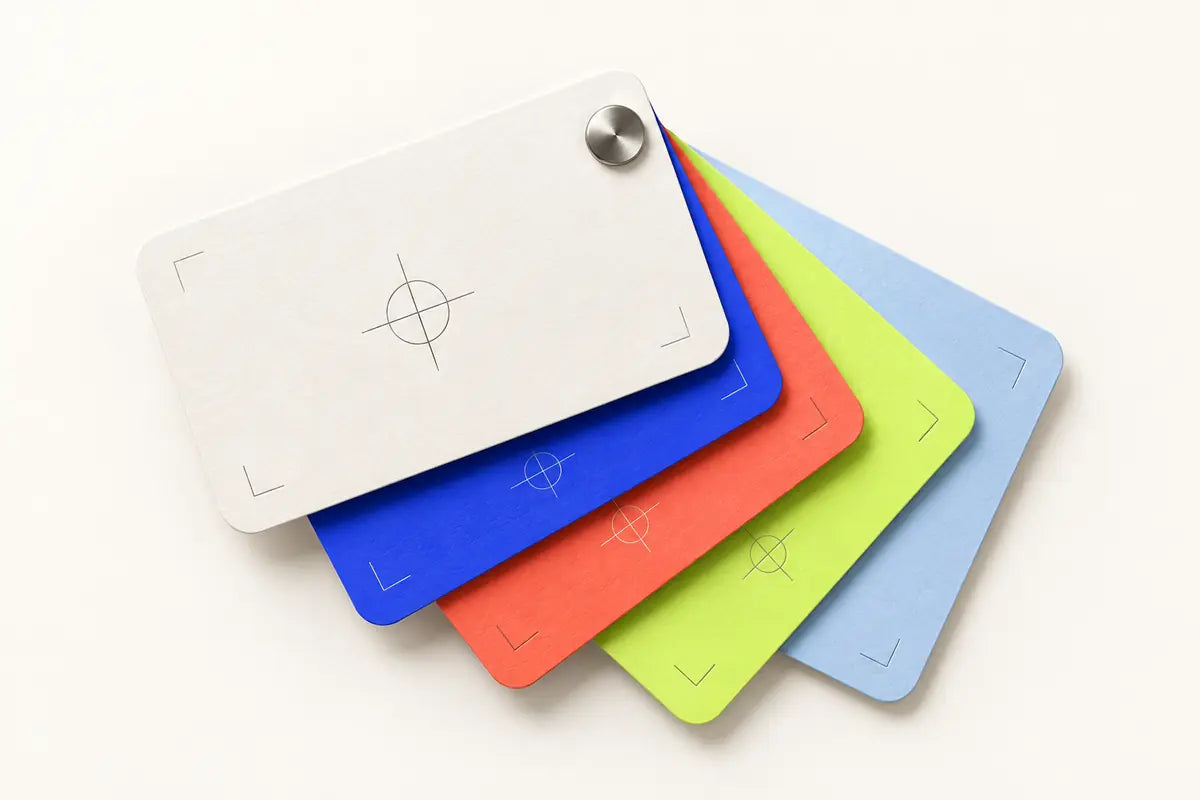 Layered physical paper swatches in the Nexaliq color palette